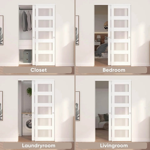White Sliding Closet Door 48 By 80 Inches With Frosted Glass Double 25 Inch Panels shown installed in different rooms