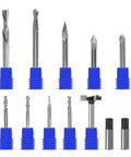 Complete CNC Router Bit Set For Woodworking, Nine Solid Carbide Bits With One Quarter Inch Shanks, Two Reducing Collets