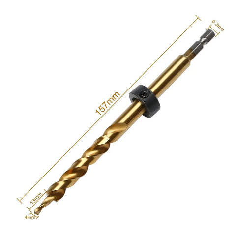 Titanium Coated Pocket Hole Drill Bit Set With Adjustable Depth Stop Collar, 3/8 Inch Size, 1/4 Inch Hex Shank, twist step bits shown.