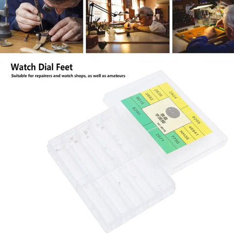 Alloy Watch Dial Feet Kit With Assorted Sizes For Easy Wristwatch Repair in plastic storage case displayed on a workbench.