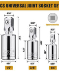 Three Piece Universal Joint Socket Set One Quarter Inch Drive Three Eighths Inch Drive And One Half Inch Drive Swivel Sockets In Premium Chrome Vanadium Steel display