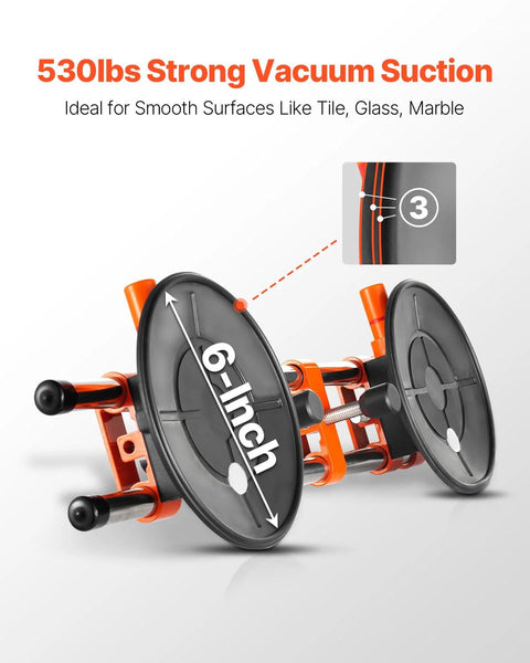 Front view of orange two-pack seam setter with 6-inch vacuum suction cups for countertop seam joining and leveling.