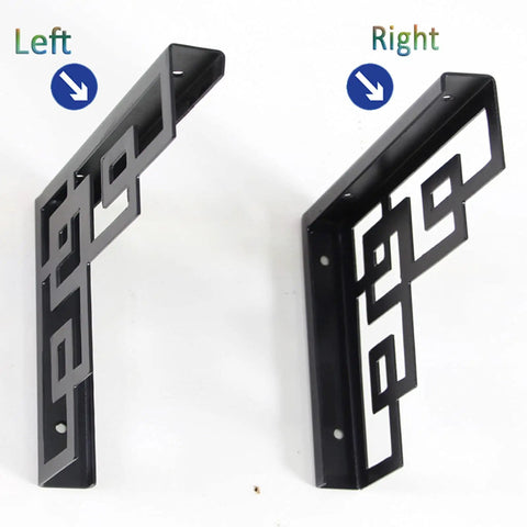 Rock Solid Heavy Duty Iron Corner Shelf Brackets Two Pack Retro wall brackets, left and right design, sturdy black metal.