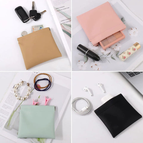 Four Pack Small Makeup Bags For Purse And Travel in Morandi Tones with accessories, showcasing suede interior and portable design.