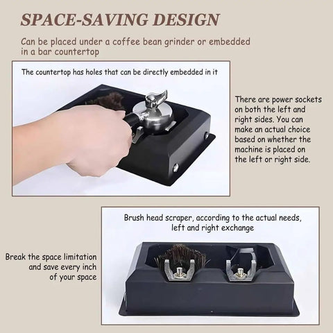 Image of Automatic Electric Portafilter Cleaner For 58mm Espresso Baskets showing space-saving design with embedded countertops.
