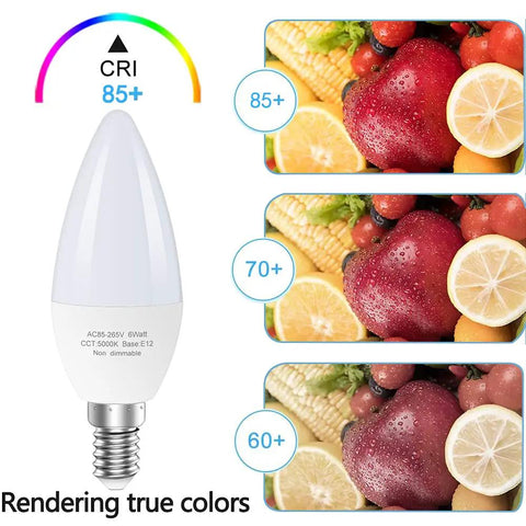 6-Pack E12 LED Candle Light Bulbs 60W Equivalent Non Dimmable Daylight 5000K Type B For Chandeliers And Ceiling Fans No Fuss Install Energy Saving 550 Lumens High CRI Flicker Free Long Lasting Home Decor Lighting