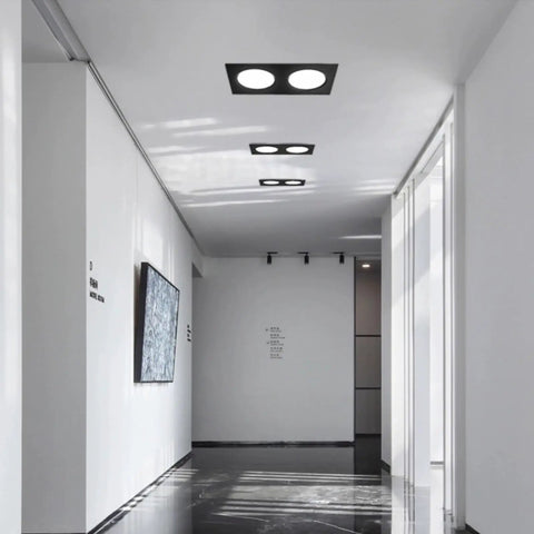 Tashace Led Recessed Ceiling Light Double Head Black Lights for Corridors in sleek corridor setting, showcasing design and illumination.