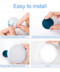 Installation steps for Rechargeable Touch Night Lights With Dimmable Brightness Memory, USB Powered, showing adhesive application.
