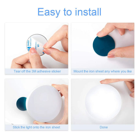 Installation steps for Rechargeable Touch Night Lights With Dimmable Brightness Memory, USB Powered, showing adhesive application.