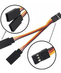 Servo Y Harness Splitter Cable 3 Pin Male To Female Extension Lead Compatible With JR Futaba shown with connectors.
