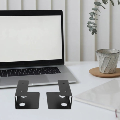Slick Underdesk Laptop Mount With Heavy Duty Steel Frame And Ultra Smooth Felt Pads For Seamless Keyboard And Tablet Stashing Black Workstation Glow Up on a desk with a laptop.
