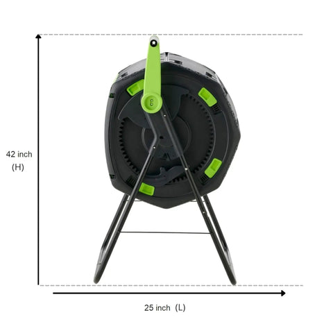 48 Gallon Geared Two Compartment Compost Tumbler For No Hassle Kitchen And Yard Waste Turning side view with measurements