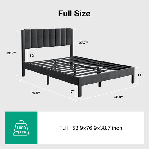 Heavy Duty Velvet Full Bed Frame With Piano Keys Headboard And Matching Footboard Solid Steel Platform dimensions 53.9x76.9x38.7 inch