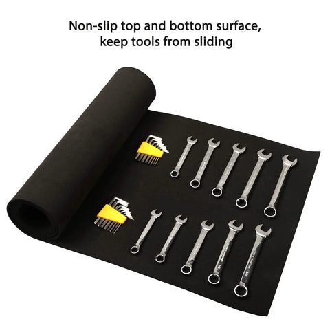 Tool Box And Drawer Liner 16 Inch Wide By 6 Feet Long Non Slip EVA Mat Cushioned Tool Protection Black with tools on it
