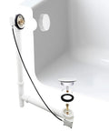 No Sweat Installation 27 Inch Cable Drive Bath Drain Trim Kit Featuring Top Shelf Brass Rotary Overflow Knob and Secure Pop Up Stopper For Stress Free Plumbing Fixes White, showing components in a tub.