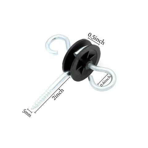Close-up of a metal anchor and black insulated hook from Two Pack Electric Fence Gate Handle Kit With Anchors And Sixteen Feet Tension Spring