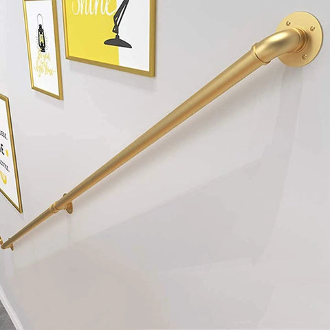 Industrial Pipe Stair Handrail Kit Golden Wall Mounted Railing System For Home Interior Exterior Stairs Lofts Bathrooms, mounted on a wall.