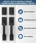 Matte Black Double Door Handle Set With Heavy Duty Zinc Alloy Construction, Reversible Handles For Left Or Right Opening