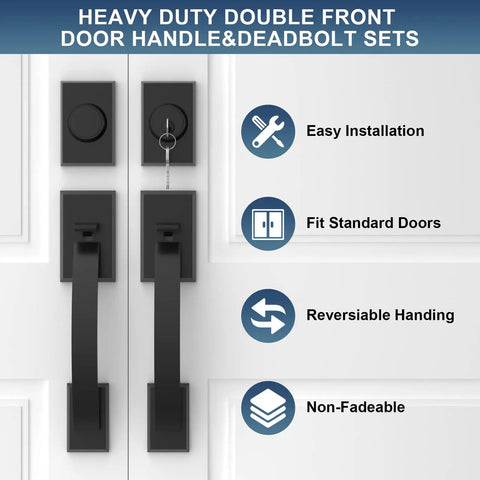 Matte Black Double Door Handle Set With Heavy Duty Zinc Alloy Construction, Reversible Handles For Left Or Right Opening