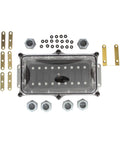 12 Port Junction Box Kit 50600 With Big Easy Access Wiring Box, Silicone Gasket Lid Keeps Moisture And Corrosives Out, Reinforced Mounting With Four Eyelet Holes, 12 Pre-Tapped Holes For Quick And Clean Wire Connections., front view with lid, ports, terminals, and mounting hardware