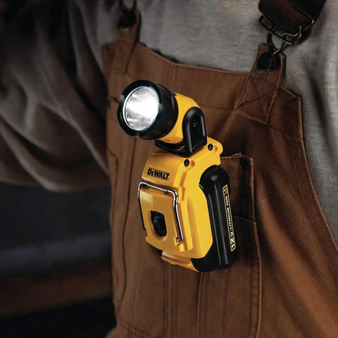 Go To Portable 12V Max LED Work Light With Magnetic Mount and Kickstand attached to overalls, rechargeable spotlight for construction
