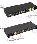 HDMI KVM Switch Connect One Monitor To Four Computers With Crisp 4K 60Hz Video And USB 3.0 Hub Sharing Clean Desk Setup showing front and back views.