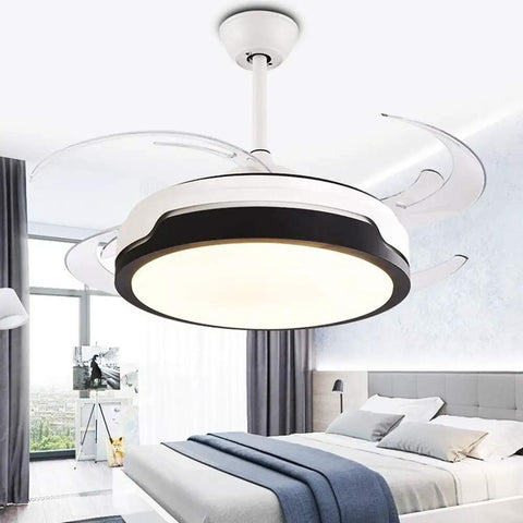 42 Inch Ceiling Fan With Bright Led Lighting And Handy Remote Control Bringing Slick Invisible Bladeless Style To Your Spot For Solid Airflow And A Major Room Upgrade in a modern bedroom.