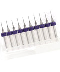Pro Grade Tungsten Carbide Drill Bits 10 Piece Kit for Detailed Work and PCB Prototyping, arranged in a holder.
