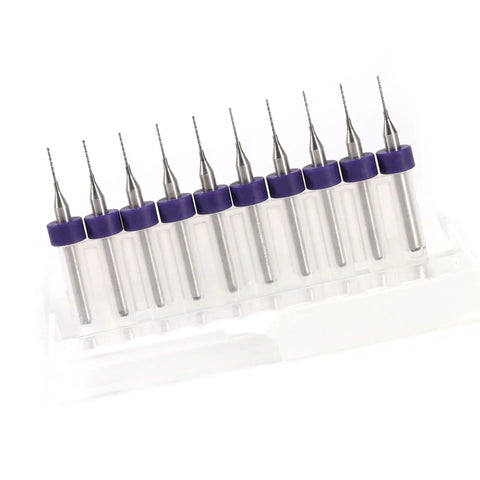 Pro Grade Tungsten Carbide Drill Bits 10 Piece Kit for Detailed Work and PCB Prototyping, arranged in a holder.
