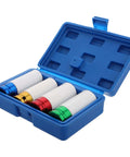 Top Tier 4 Piece Color Coded Wheel Socket Set For Easy Lug Nut Removal Fast Impact Sockets With Thin Wall Design Perfect For Car Maintenance And Auto Repair Jobs That Need Quick Fixes And Heavy Duty Performance Today. 4-piece color-coded wheel socket set in blue case