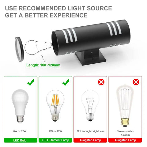 Recommended bulbs and incorrect types for Dusk To Dawn Outdoor Wall Lights 2 Pack Up Down Cylinder Black Porch Sconces.