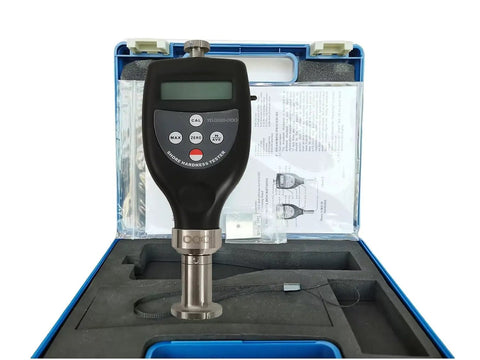 Heavy Duty Shore Hardness Test Stand With Digital OOO Durometer And Usb Software For Rubber Plastic Testing features a handheld tester in a protective case.