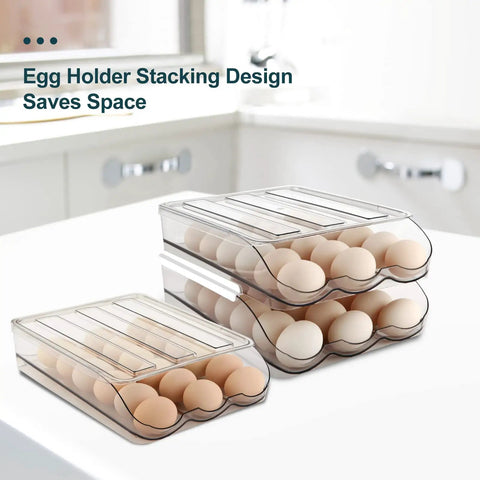 Auto Rolling Egg Holder For Fridge With Lid Large Capacity Clear Plastic Egg Dispenser Tray stacked on counter