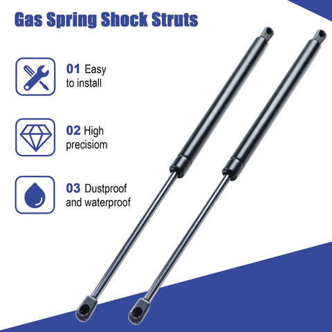 Two Pack 12 Inch Gas Spring Shock Struts Piston Lid Stay, heavy duty black shocks with installation icons, text: Easy, Precision, Waterproof.