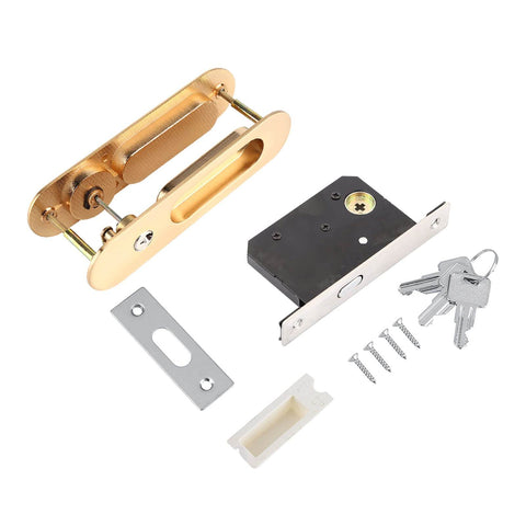 Keyed Sliding Pocket Door Lock With Three Keys For Hidden Recessed Handle Easy Install shown with zinc alloy components and screws.