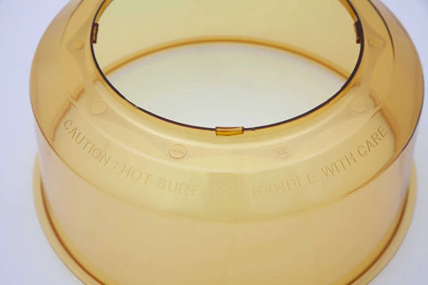 Transparent amber Beefy Power Dome Replacement Part For Pro Plus And Elite Ovens, heat-resistant dome with caution text visible.