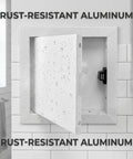 Top Tier Aluminum Access Panel For Drywall Featuring No Sweat Push To Open Flush Mount Latch Built For Paintable Wall And Ceiling Plumbing Electrical Repairs Runs Smooth In White 18X32 Size Looking Sharp, showing a rust-resistant aluminum access panel with droplets.