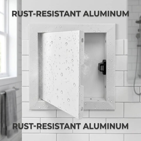 Top Tier Aluminum Access Panel For Drywall Featuring No Sweat Push To Open Flush Mount Latch Built For Paintable Wall And Ceiling Plumbing Electrical Repairs Runs Smooth In White 18X32 Size Looking Sharp, showing a rust-resistant aluminum access panel with droplets.