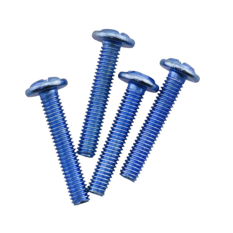 Close-up of four blue metal mounting screws for Leather Handle 2 Pack Brown Drawer Pulls With Strap Handles. Essential hardware.