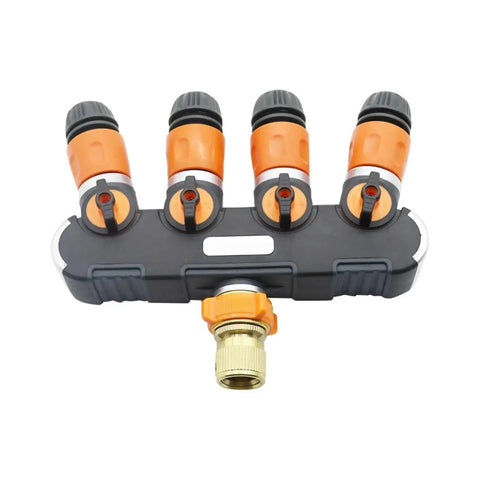 Four Way Garden Hose Splitter Valve Kit For Easy No Fuss Irrigation Setup, 16Mm Hose Fittings, Durable Orange Tap Adapter, All In One Four Way Water Connector For Lawn, Plants, And Landscaping close-up with four orange shutoff valves
