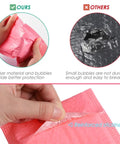 Comparison of pink bubble mailers with thicker protection vs black with small bubbles, showing reinforced stickiness.