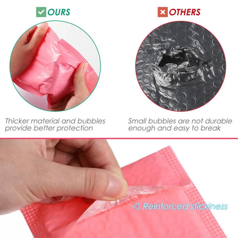 Comparison of pink bubble mailers with thicker protection vs black with small bubbles, showing reinforced stickiness.