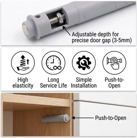 Hidden Magnetic Push Latches For Cabinets And Closets, 10 Pack Gray, adjustable depth and installation icons