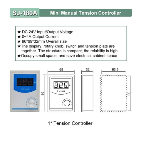 SJ180A Mini Manual Tension Controller with display, rotary knob, and compact design for industrial machines and conveyors.
