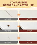 Comparison of wooden surfaces before and after using White Wood Putty Kit Brings The Whole Package With Two Tubes of Filler Plus Scraper Sandpaper And Gloves So You Can Tackle Every Repair From Big Gaps To Tiny Nicks Without A Hassle And Get Pro Results Right At Home.