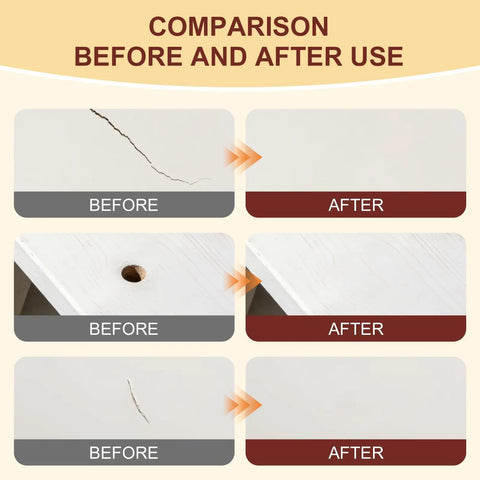 Comparison of wooden surfaces before and after using White Wood Putty Kit Brings The Whole Package With Two Tubes of Filler Plus Scraper Sandpaper And Gloves So You Can Tackle Every Repair From Big Gaps To Tiny Nicks Without A Hassle And Get Pro Results Right At Home.