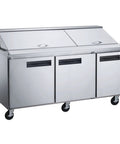 Heavy Duty Commercial Workhorse Food Prep Table Refrigerator With Three Door Stainless Steel Mega Top Etl Upright Salad Fridge Cooler And Merchandiser 17 Cubic Feet from the front showing stainless steel construction.