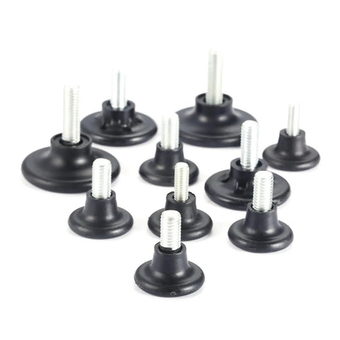 Black screw on furniture glide leveling foot set adjustable desk and table leg levelers M6 and M8 thread sizes 10 pack
