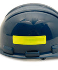 Yellow Retro Reflective Hard Hat Stickers 1 By 4 Inch Pack Of 16 Durable Helmet Decals For Construction And Safety, attached to blue helmet