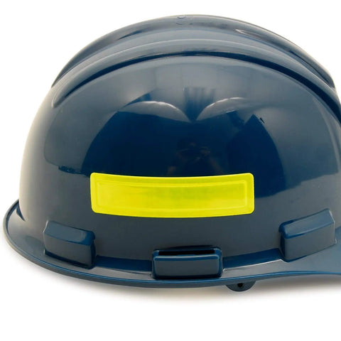Yellow Retro Reflective Hard Hat Stickers 1 By 4 Inch Pack Of 16 Durable Helmet Decals For Construction And Safety, attached to blue helmet
